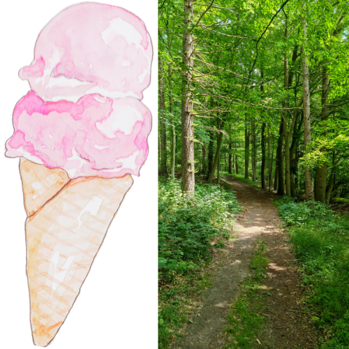 Ice cream cone next to image of the Ice Cream Trail in Simsbury, CT