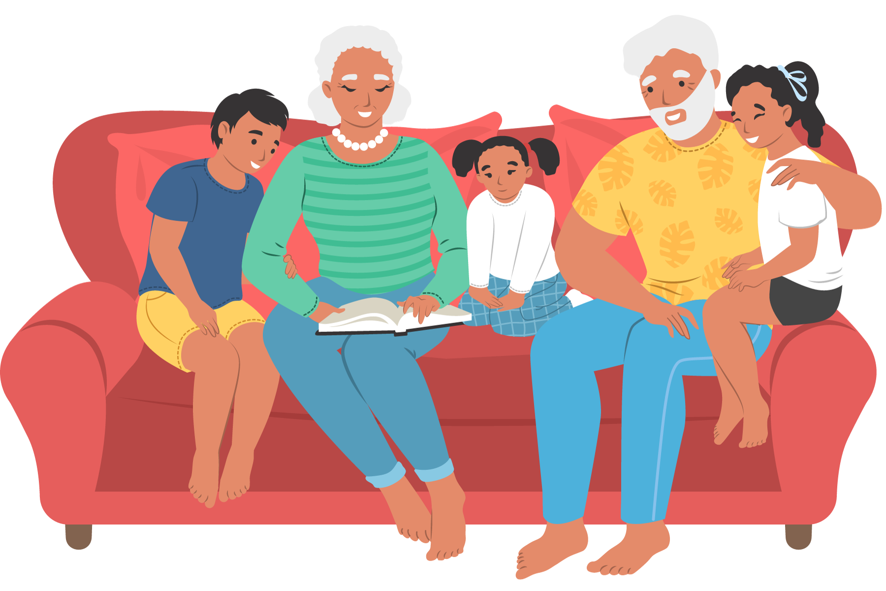 Graphic depiction of older adults reading with younger children on a couch.