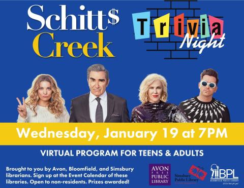 Blue background, Schitt's Creek Trivia with Rose family