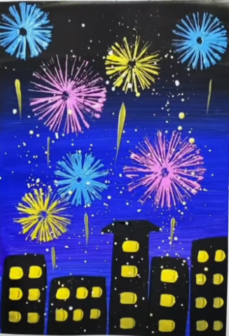 painting of city buildings and blue, yellow and pink fireworks