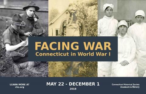 Three black and white photos: the first is of two scouts, the second is of a person in a gas mask, and the third is of three nurses