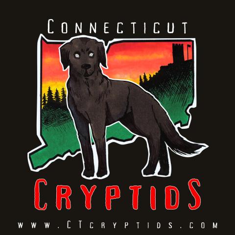 the cover of the book "Connecticut Cryptids", the image features an illustration of the outline of Connecticut and a black dog with glowing eyes. 