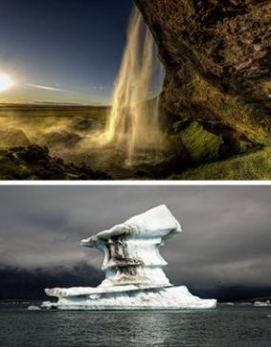 two pictures: the one on top is of a waterfall and the one on the bottom is of a glacier