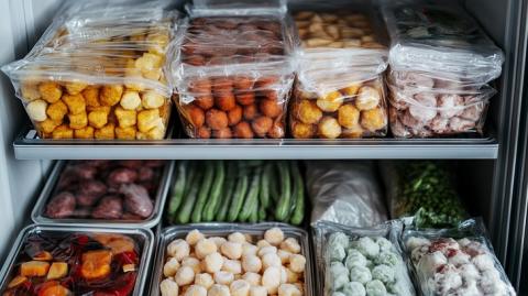 vegetables arranged in a freezer in clear containers