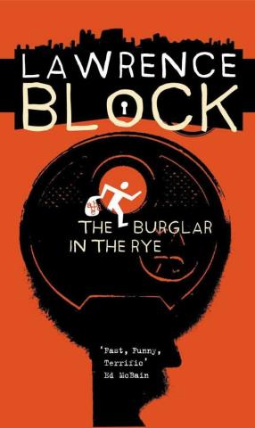 The book cover for 'The Burglar in the Rye', a black key is on an orange background, there is a white stick figure of a burglar over the key