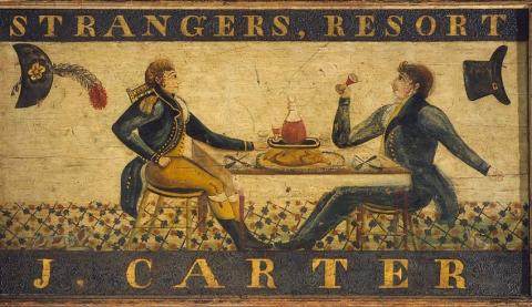 An illustration featuring two people in Revolutionary War era clothing in a tavern 