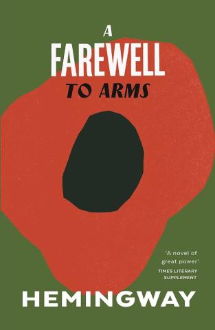 The book cover for A Farewell to Arms, a minimalist illustration of a red flower on a green background