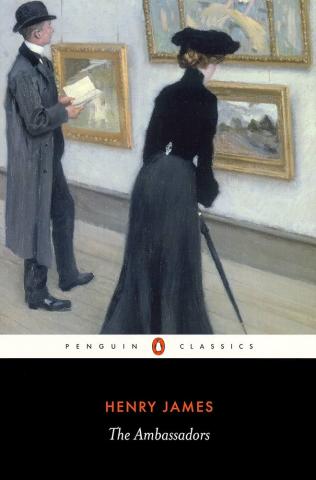 The book cover for The Ambassadors, features a painting of people in Victorian clothing looking at an art gallery.