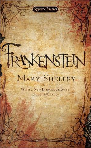 The Frankenstein book cover, the title is written in black text on a brown background