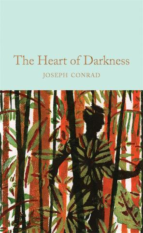 Heart of Darkness book cover, an illustration of a silhouette walking through trees