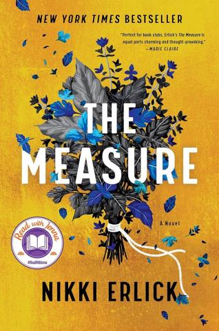 The book cover for The Measure, an illustration of blue flowers on a gold background