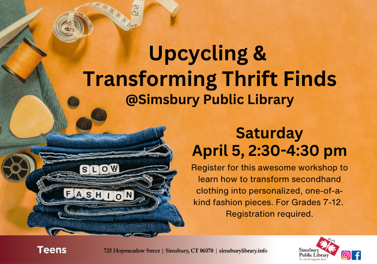 Picture of jeans on an orange background with a sign that reads slow fashion.