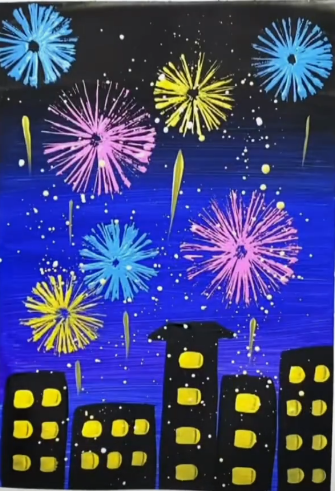 painting of city buildings and blue, yellow and pink fireworks