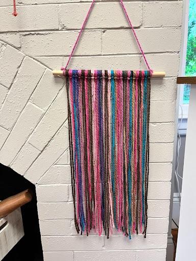 macrame wall hanging pink and blue
