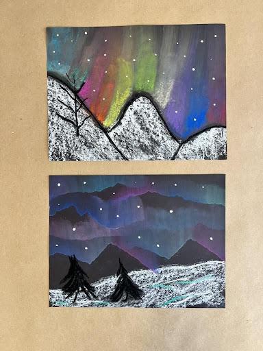 Northern Lights chalk pastel art with white mountains