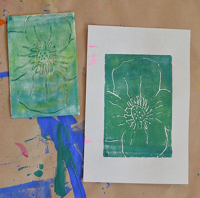 Relief printing with foam plate, etching of flower in green