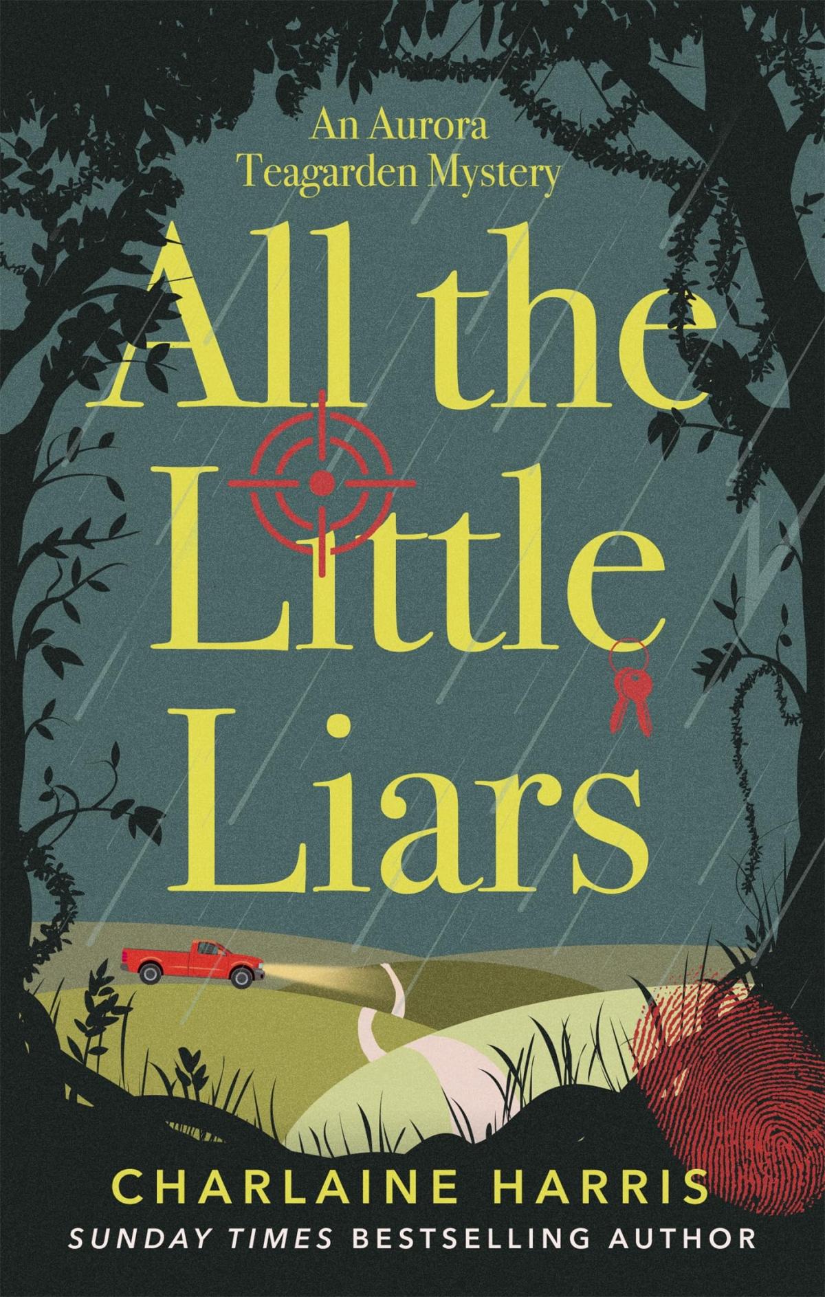 The book cover for All the Little Liars, an illustration of a red truck driving through the rain