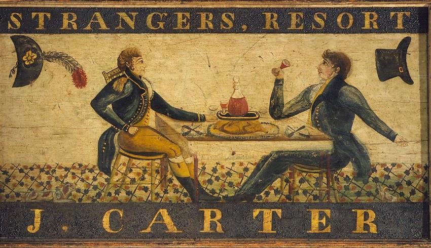 An illustration featuring two people in Revolutionary War era clothing in a tavern 