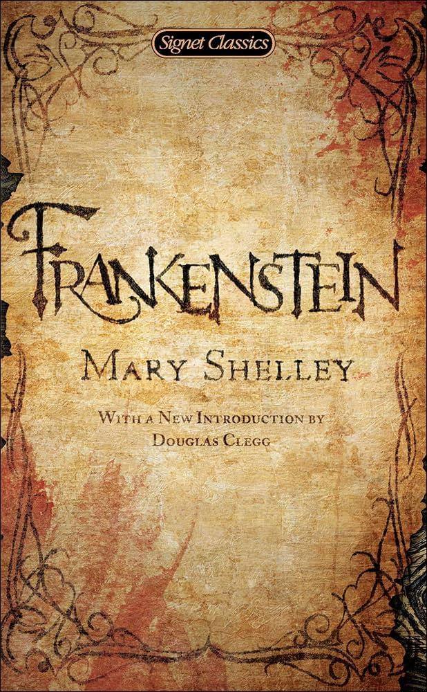 The Frankenstein book cover, the title is written in black text on a brown background